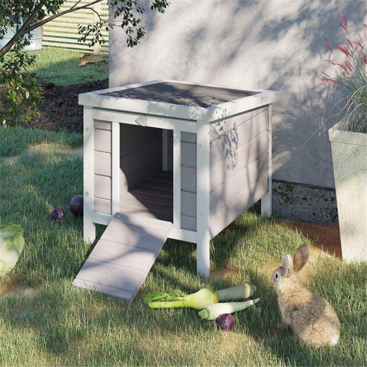 Outdoor Waterproof Rabbit Hutch / Small Animal House with Ramp / Door in Grey