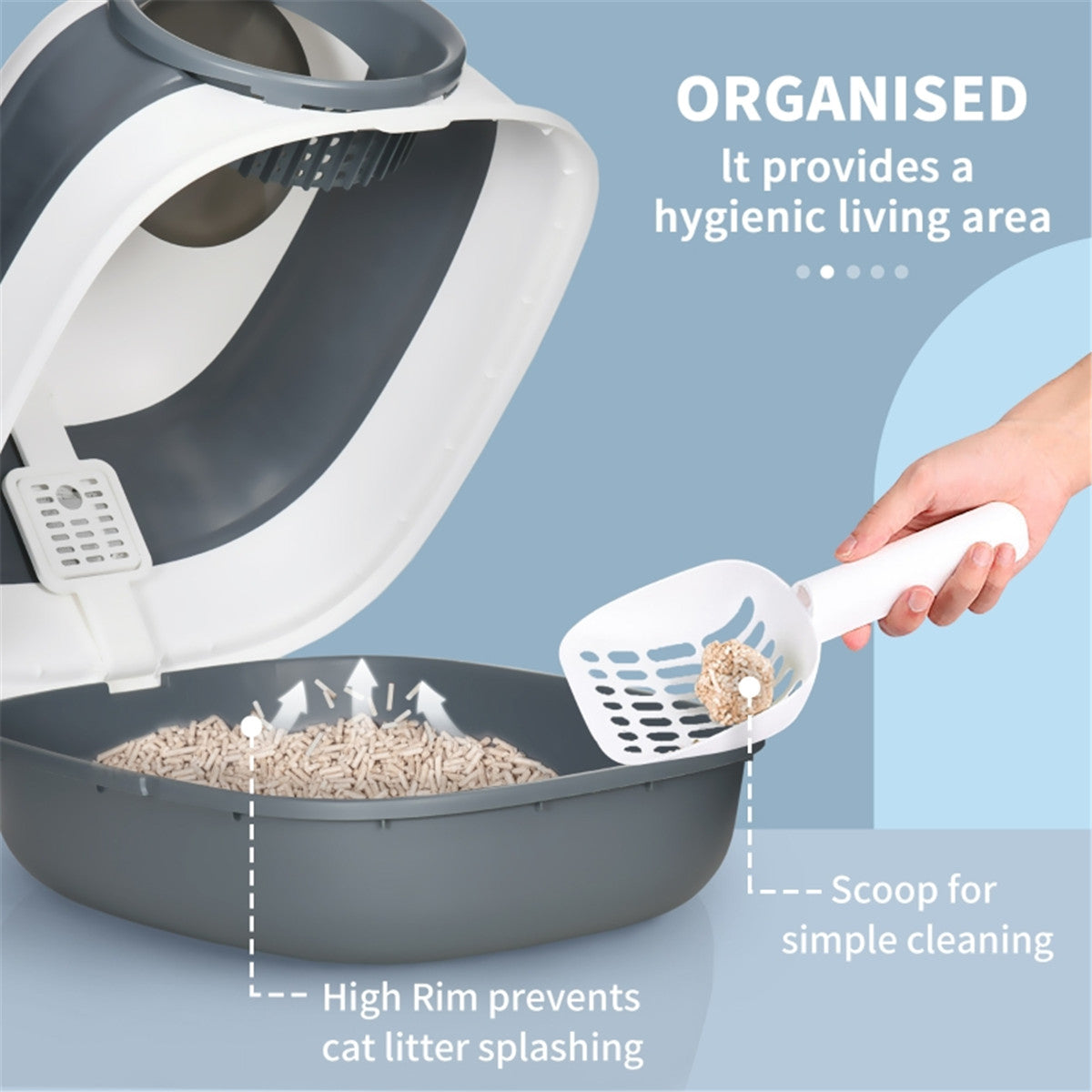 Portable Foldable Cat Litter Tray with Scoop in White and Grey