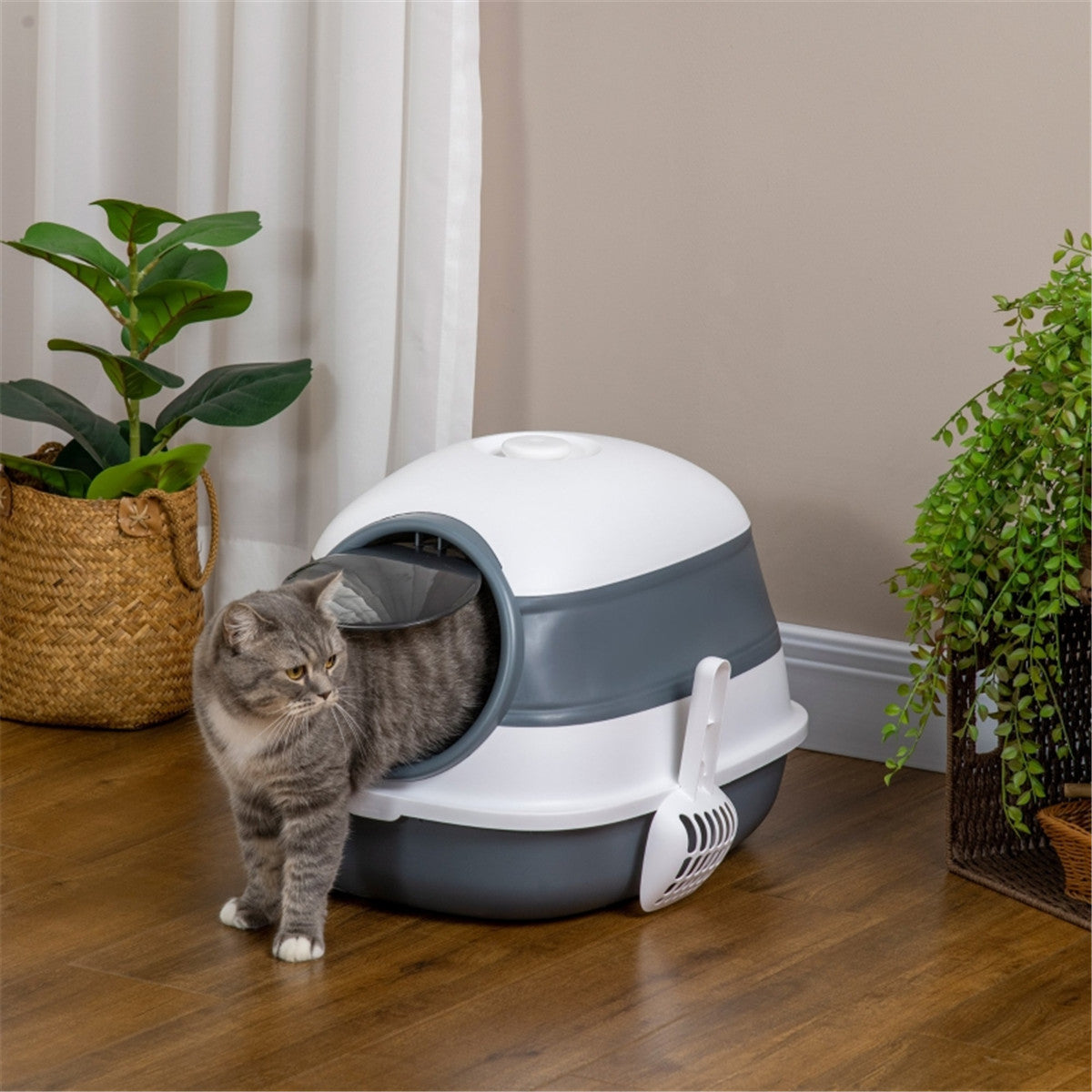 Portable Foldable Cat Litter Tray with Scoop in White and Grey