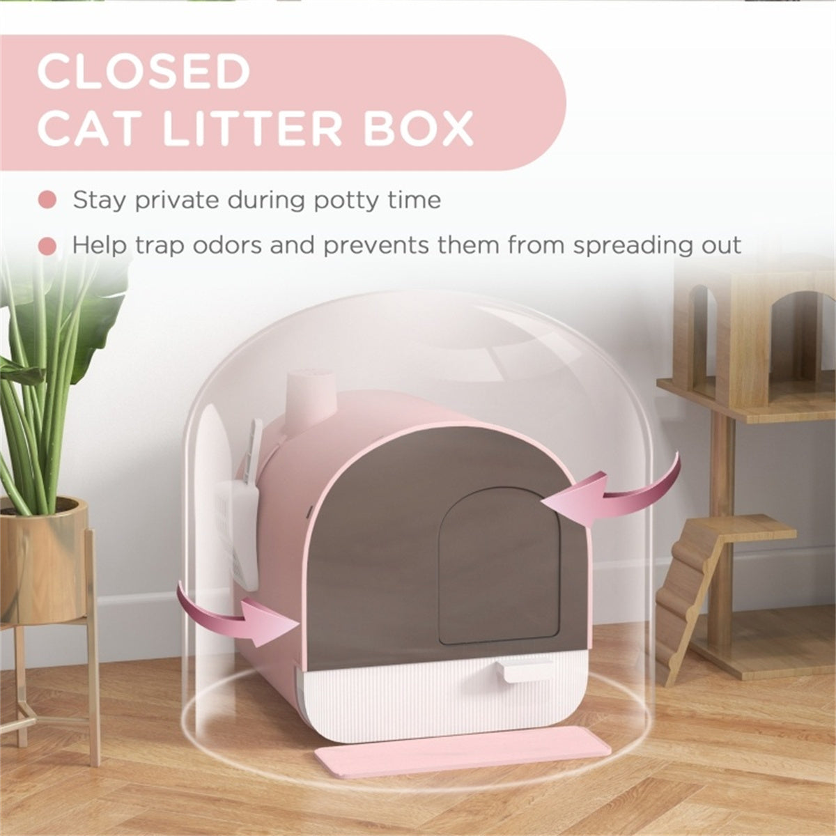 Fully Enclosed Cat Litter Tray with Scoop in Pink