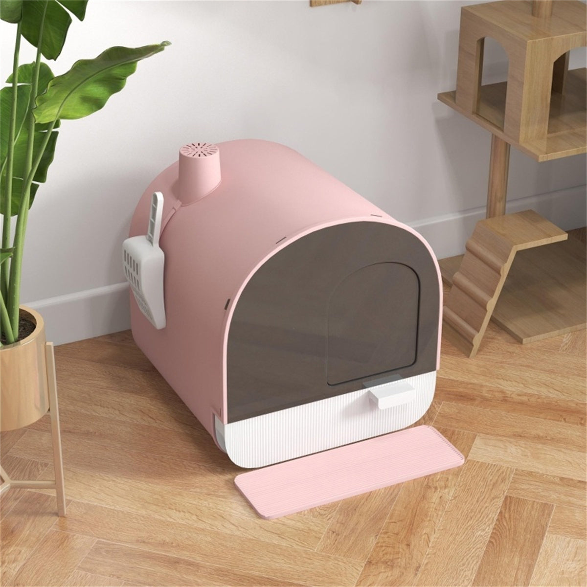 Fully Enclosed Cat Litter Tray with Scoop in Pink