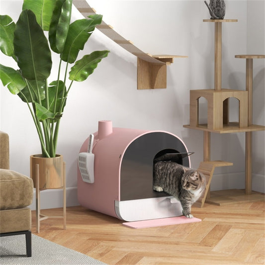 Fully Enclosed Cat Litter Tray with Scoop in Pink