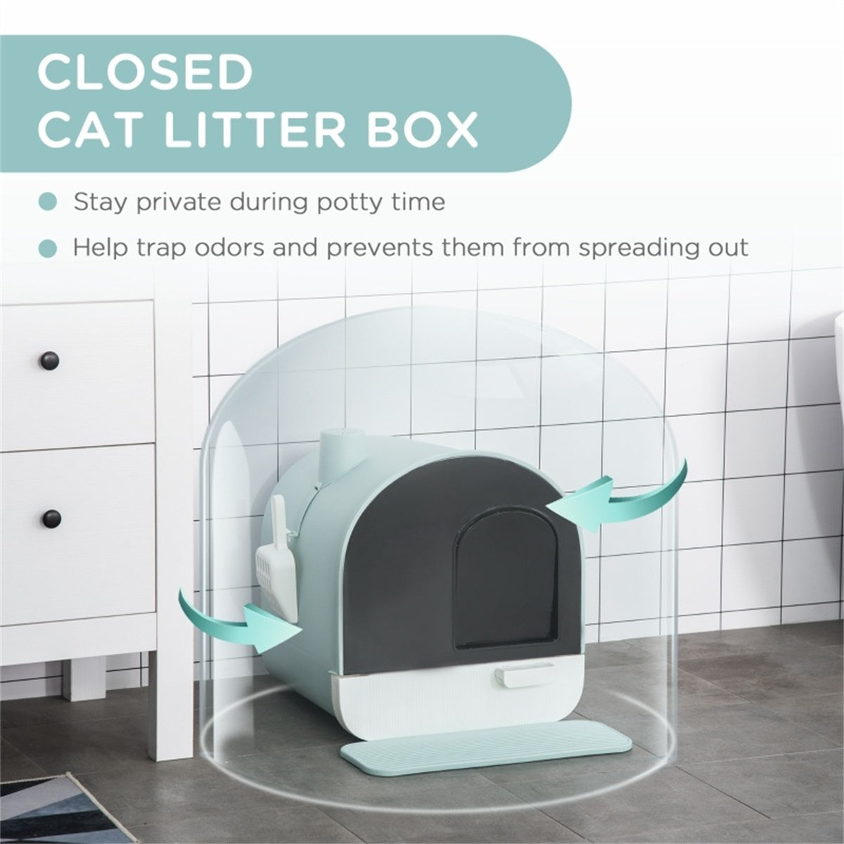 Fully Enclosed Cat Litter Tray with Scoop in Pastel Green