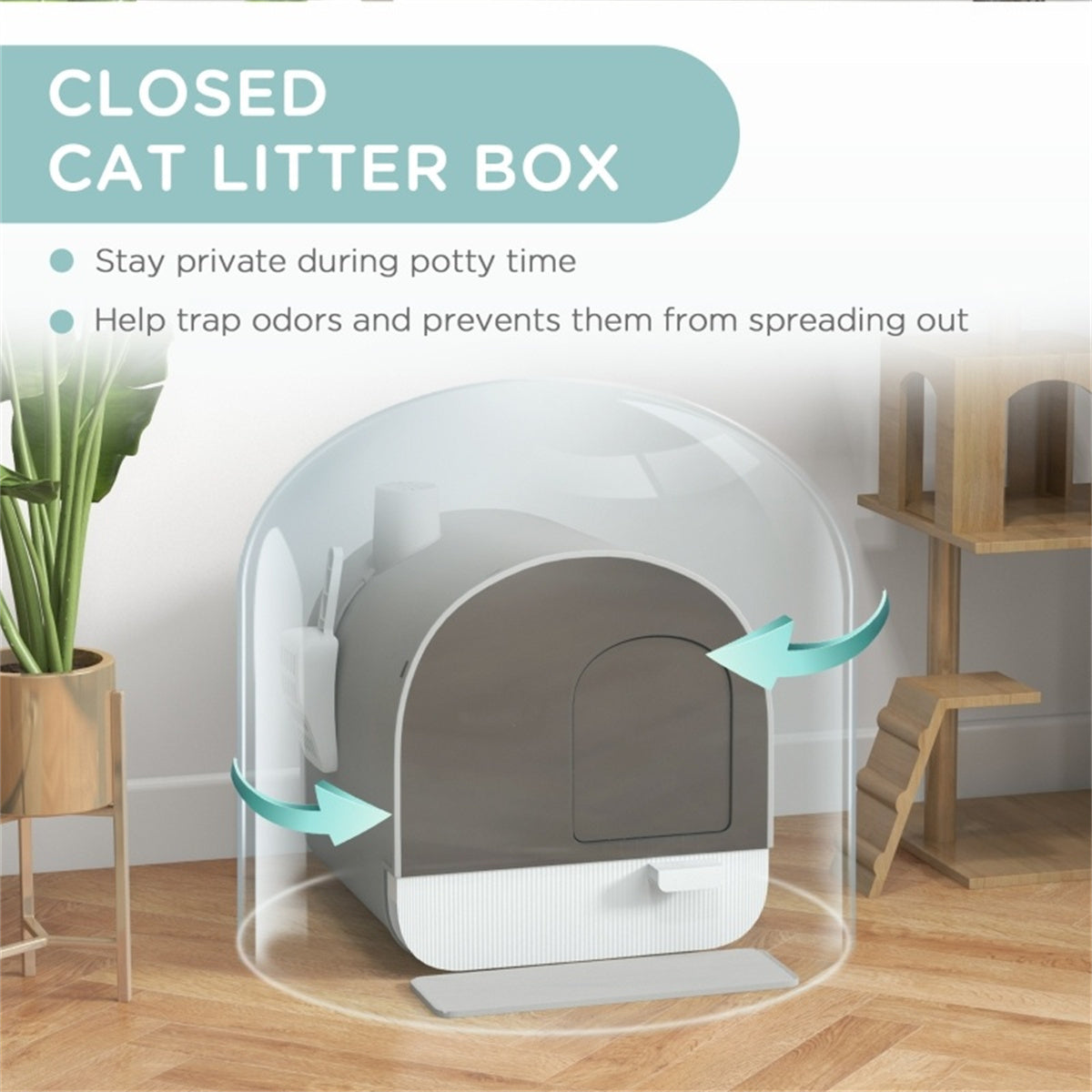 Fully Enclosed Cat Litter Tray with Scoop in Light Grey