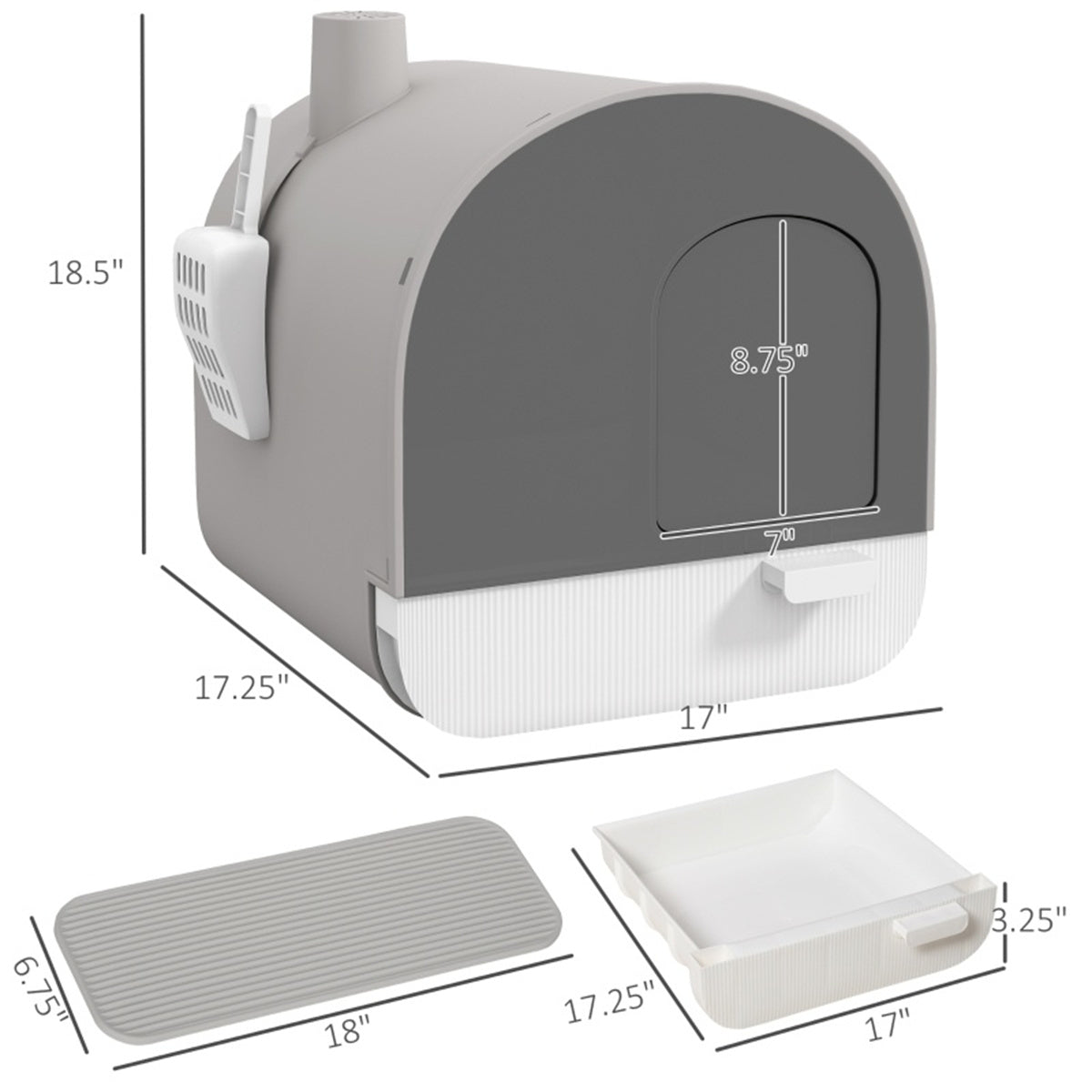 Fully Enclosed Cat Litter Tray with Scoop in Light Grey