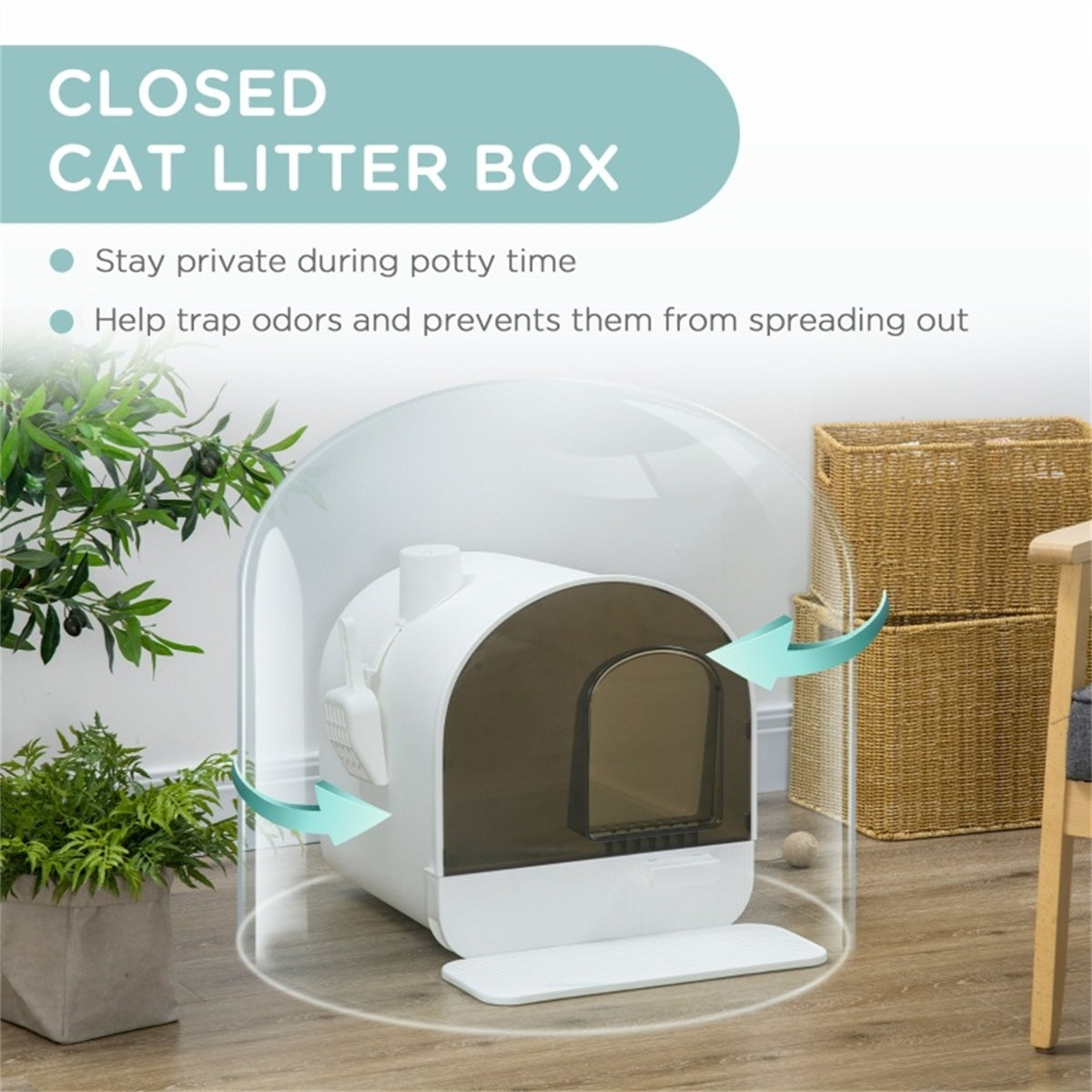 Fully Enclosed Cat Litter Tray with Scoop in White