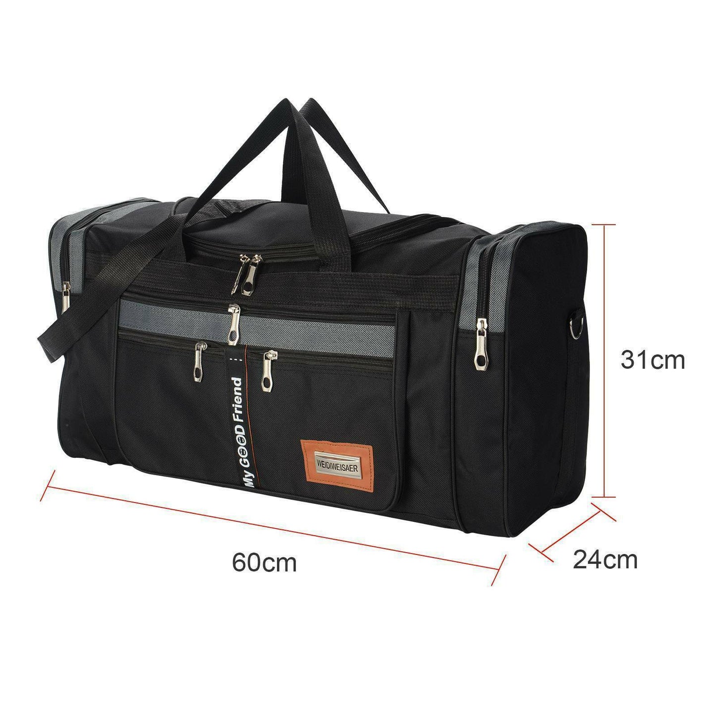 Large 2ft / 60cm Travel, Gym, Exercise and Sports Duffle Shoulder Holdall Bag in Black