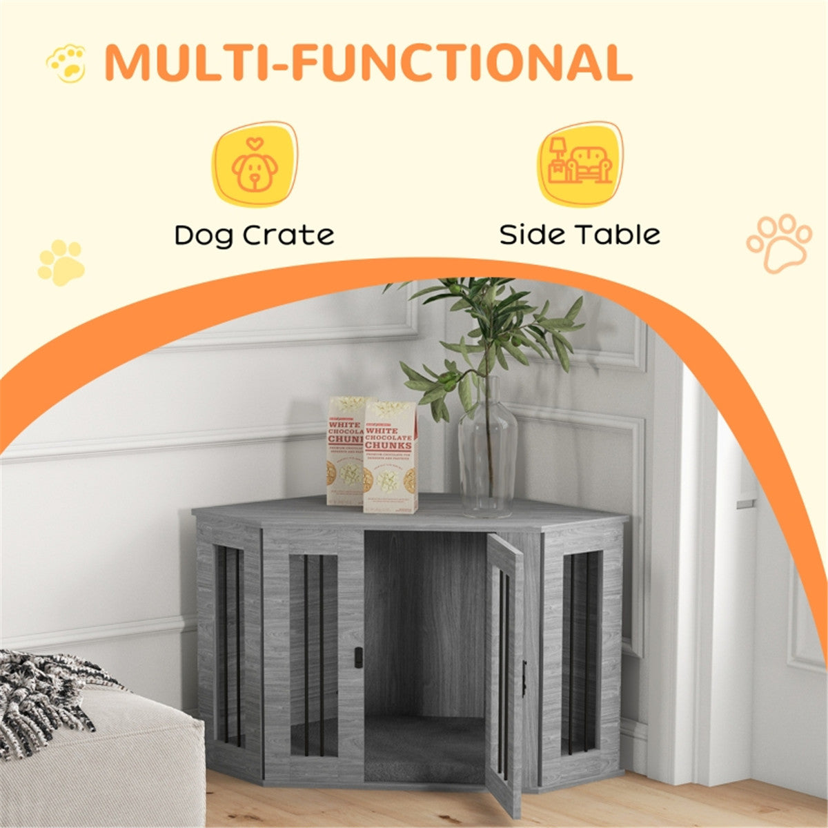 2-in-1 Contemporary Stylish Corner Dog (up to 20kg) Cage & Side Table with Door in Grey Wood Effect