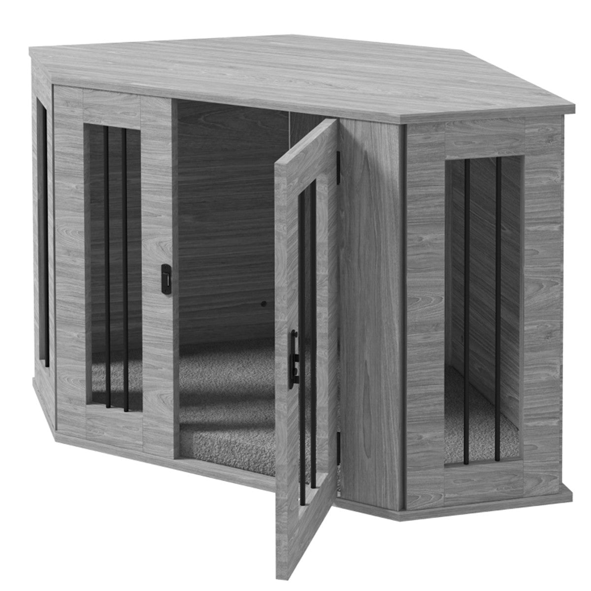 2-in-1 Contemporary Stylish Corner Dog (up to 20kg) Cage & Side Table with Door in Grey Wood Effect