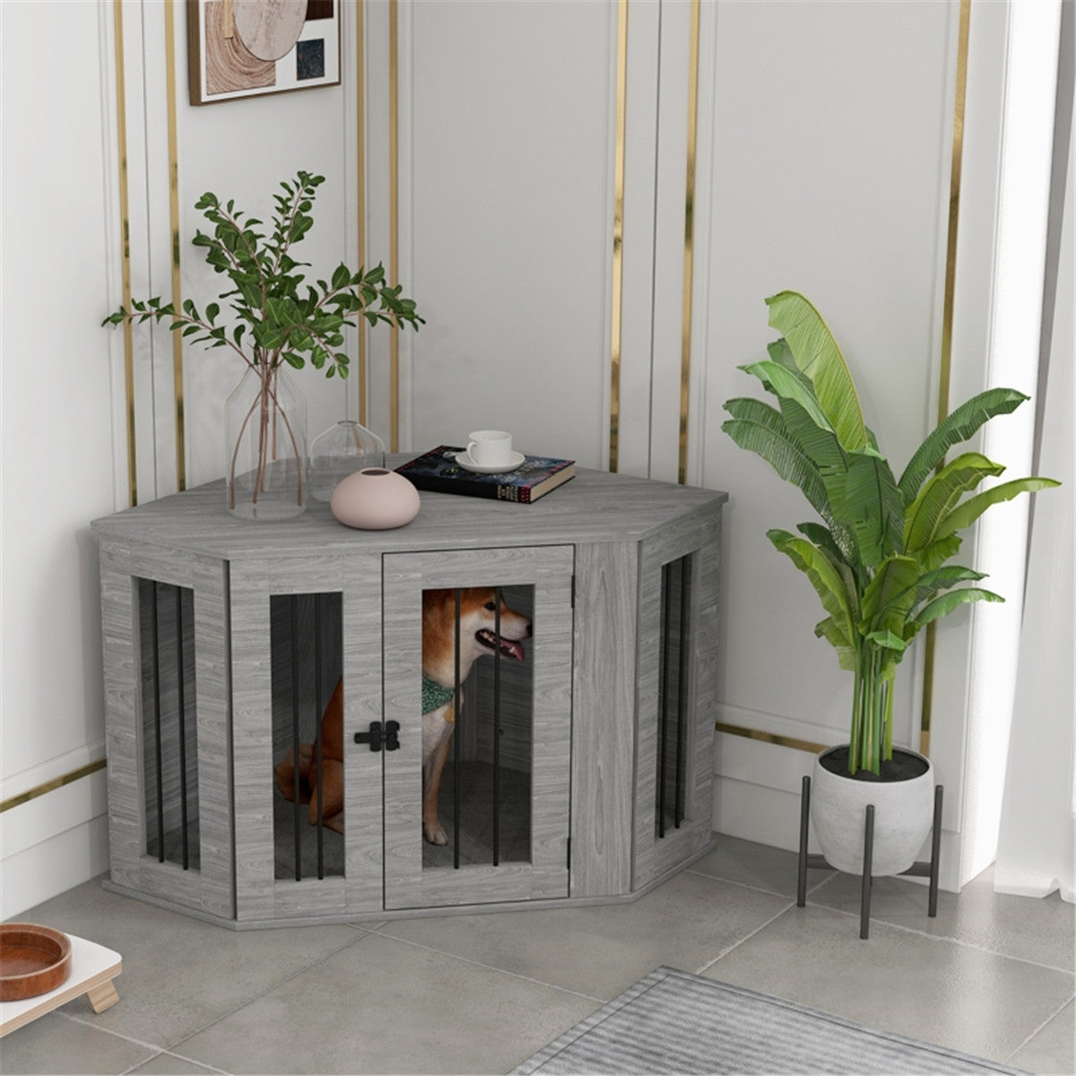 2-in-1 Contemporary Stylish Corner Dog (up to 20kg) Cage & Side Table with Door in Grey Wood Effect