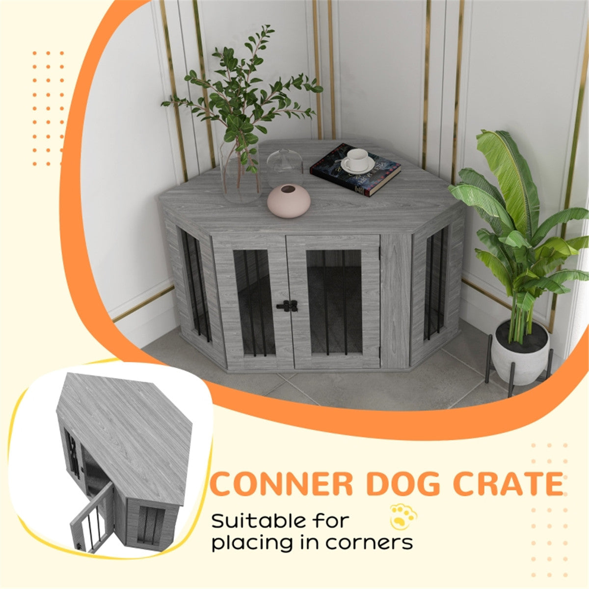 2-in-1 Contemporary Stylish Corner Dog (up to 20kg) Cage & Side Table with Door in Grey Wood Effect