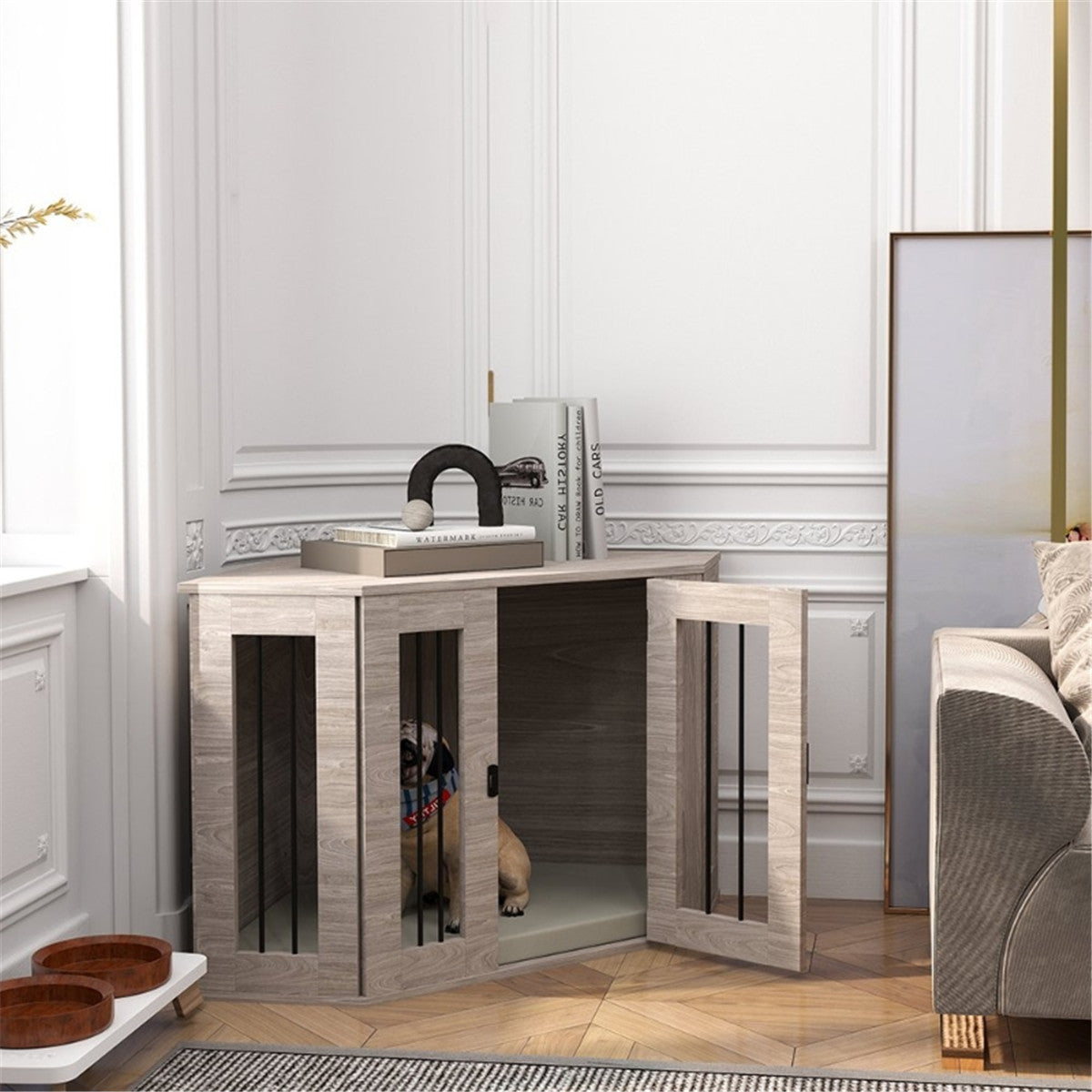 2-in-1 Contemporary Stylish Corner Dog (up to 20kg) Cage & Side Table with Door in Walnut Wood Effect