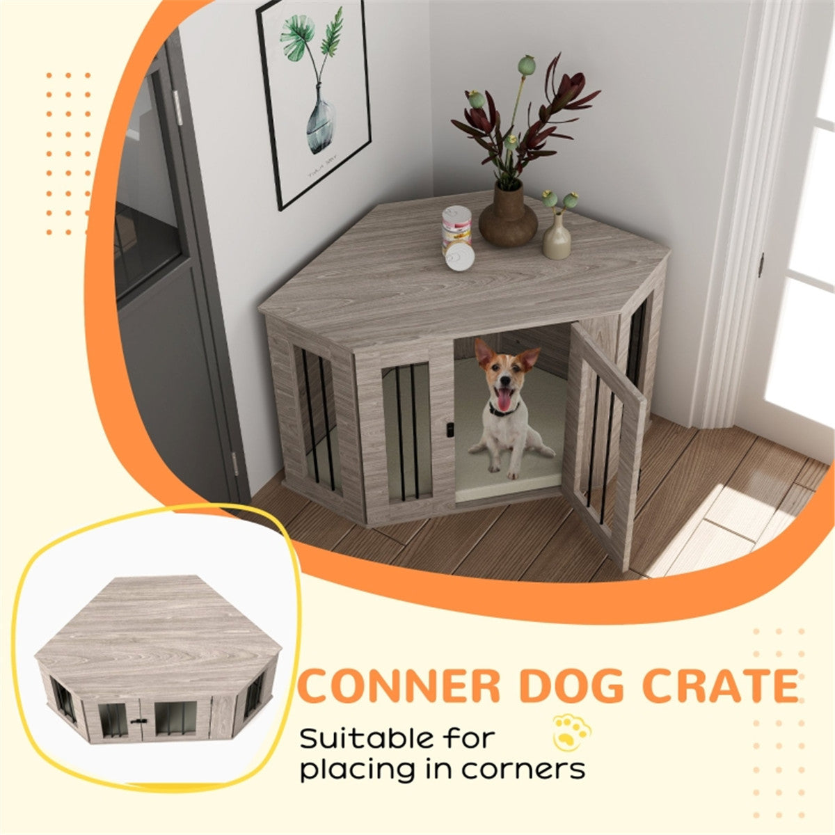 2-in-1 Contemporary Stylish Corner Dog (up to 20kg) Cage & Side Table with Door in Walnut Wood Effect