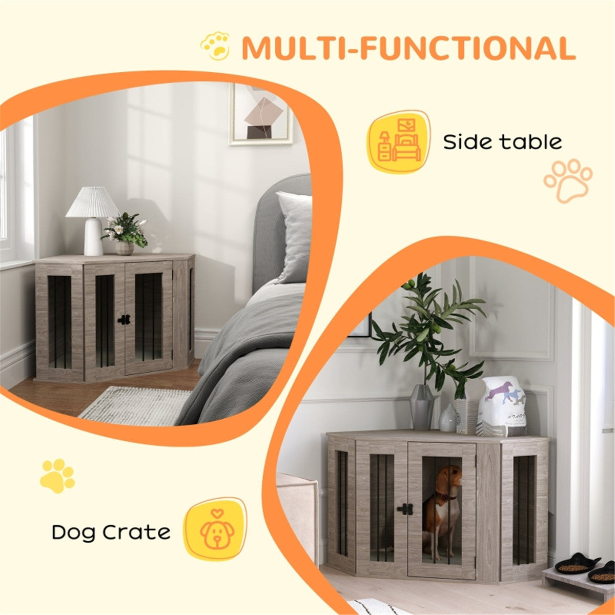 2-in-1 Contemporary Stylish Corner Dog (up to 20kg) Cage & Side Table with Door in Walnut Wood Effect