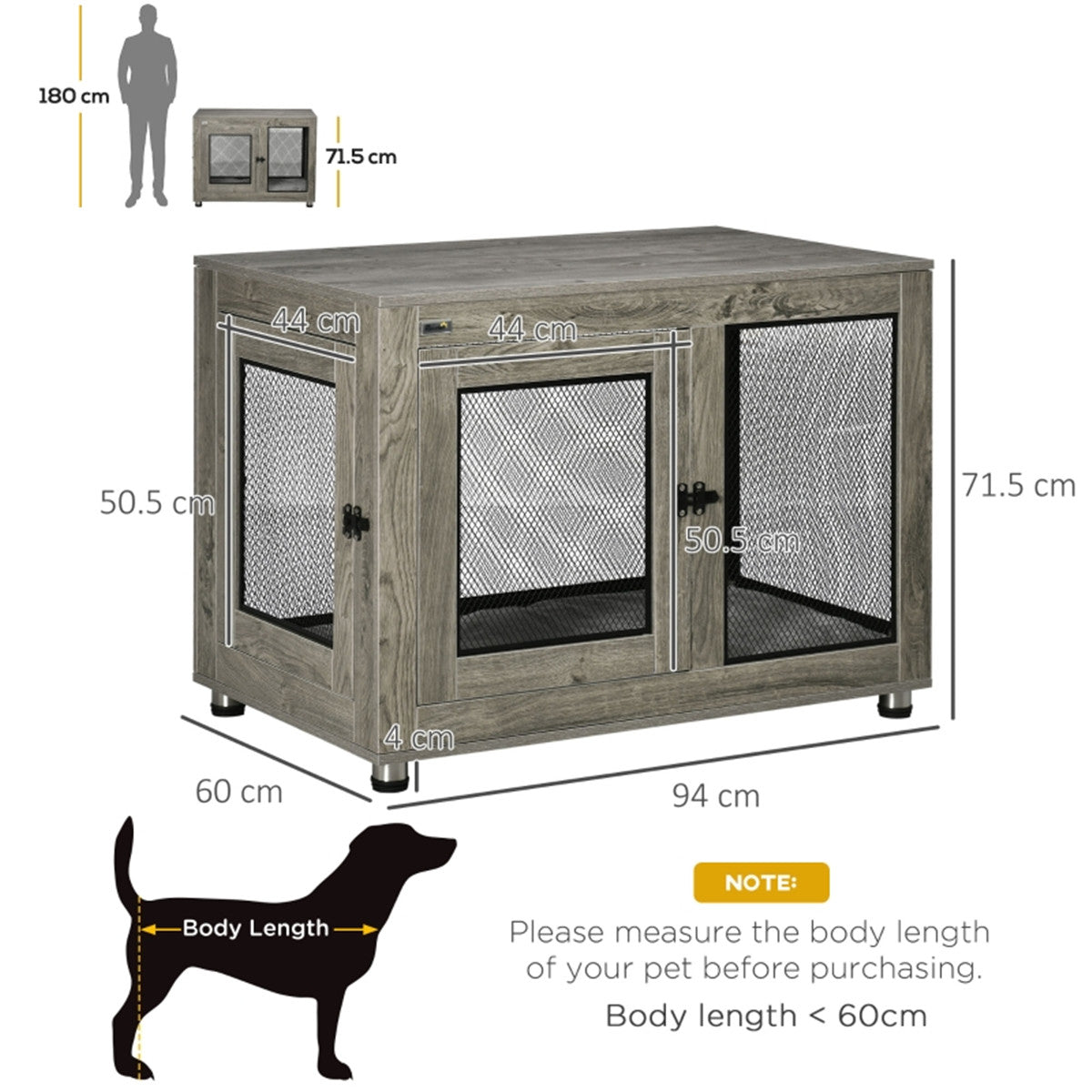 2-in-1 Contemporary Stylish Dog (up to 30kg) Cage & Side Table with Door in Grey Wood Effect