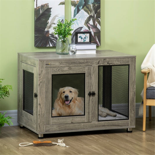 2-in-1 Contemporary Stylish Dog (up to 30kg) Cage & Side Table with Door in Grey Wood Effect