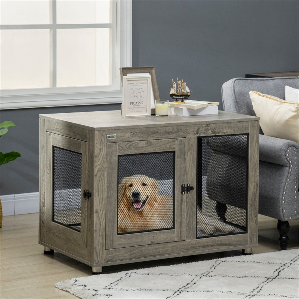 2-in-1 Contemporary Stylish Dog (up to 30kg) Cage & Side Table with Door in Grey Wood Effect