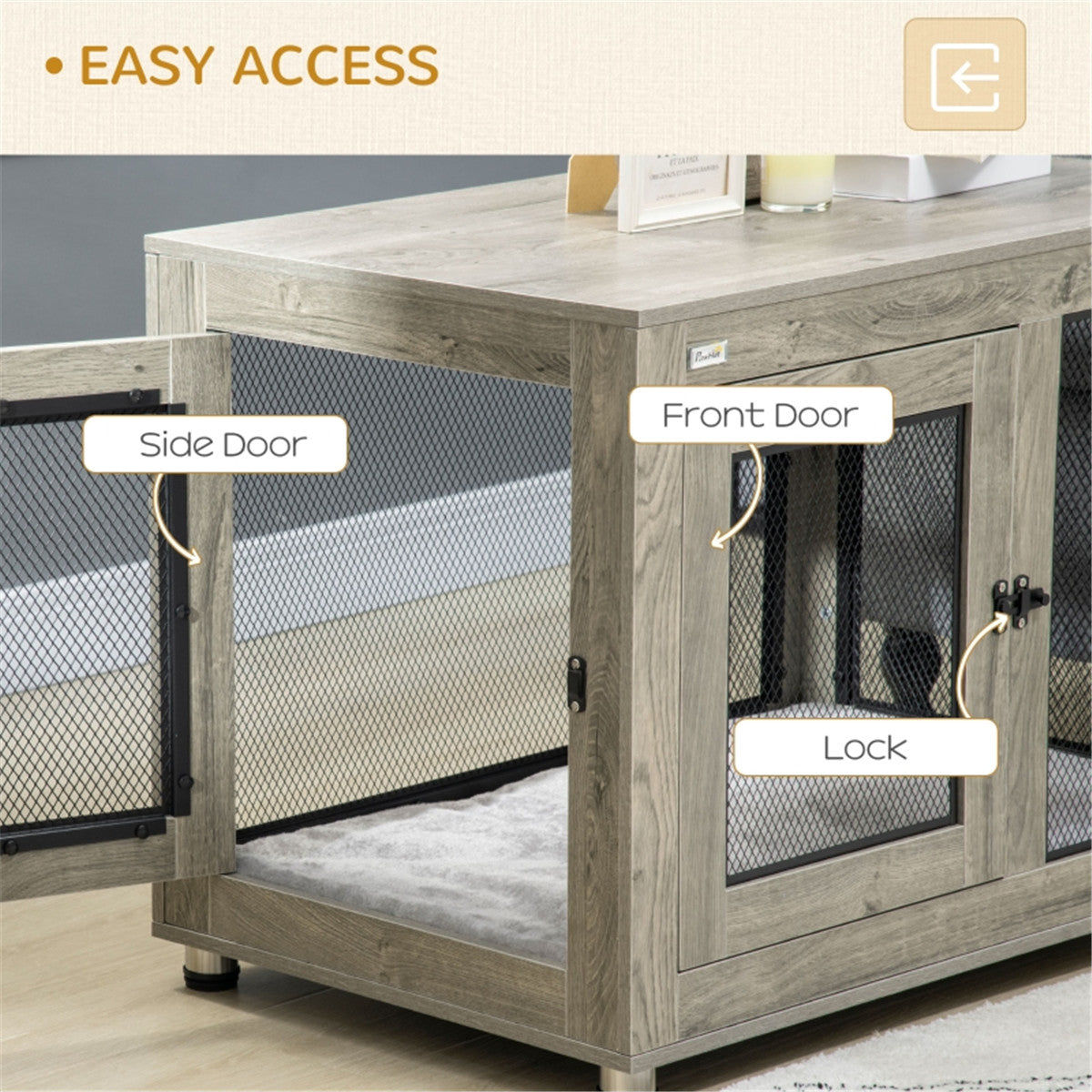 2-in-1 Contemporary Stylish Dog (up to 30kg) Cage & Side Table with Door in Grey Wood Effect