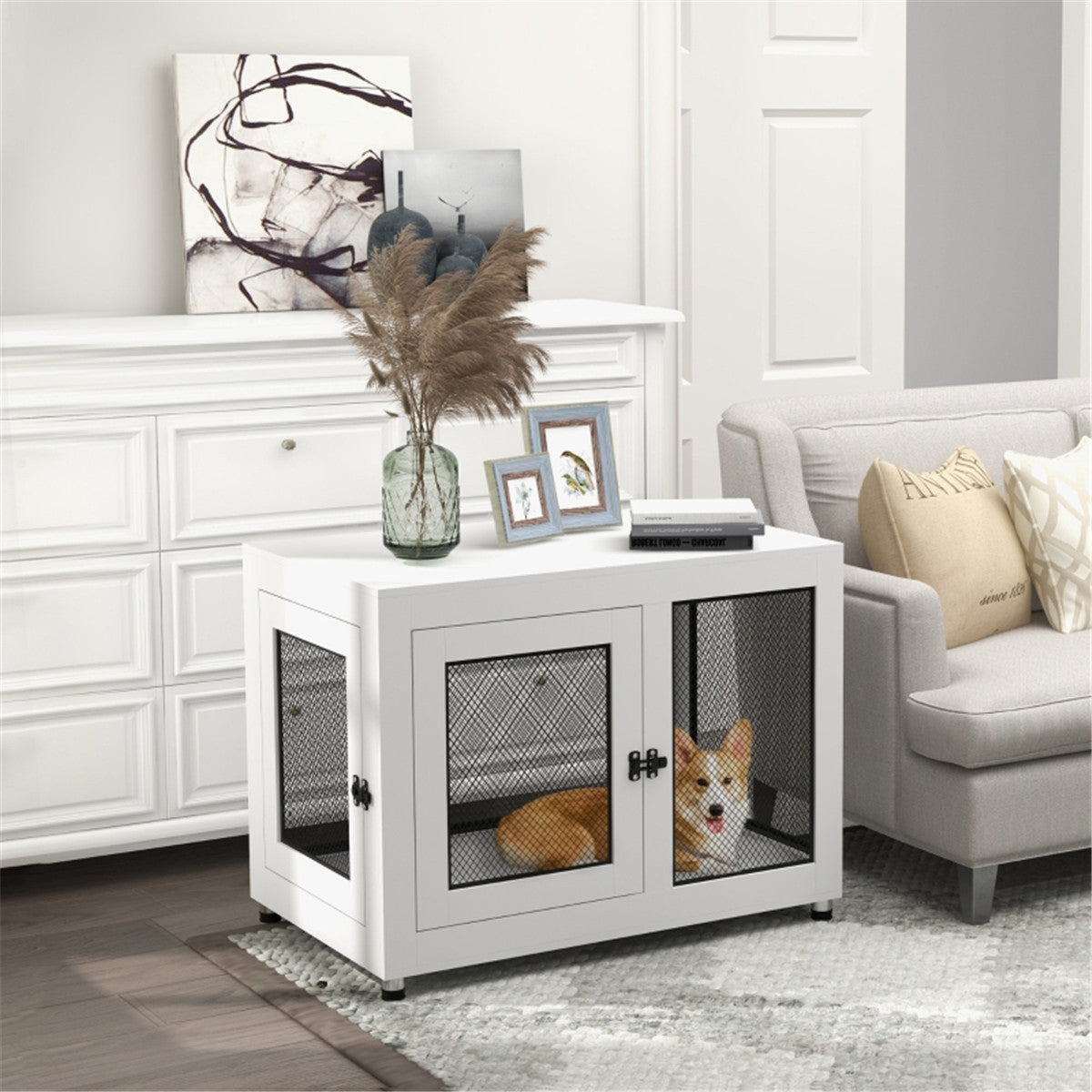 2-in-1 Contemporary Stylish Dog (up to 30kg) Cage & Side Table with Door in White