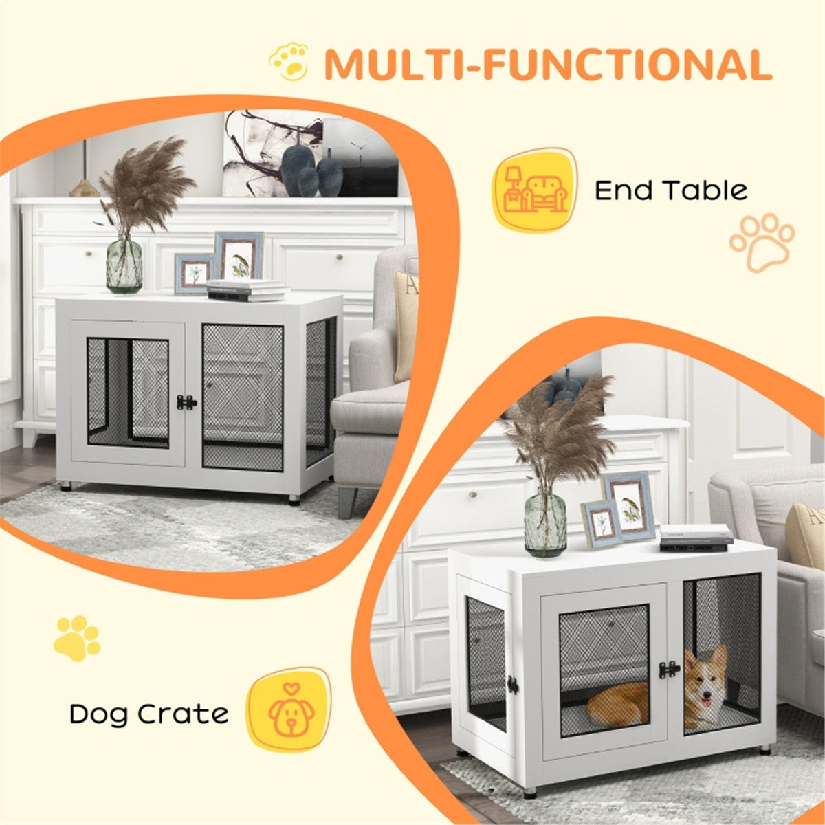 2-in-1 Contemporary Stylish Dog (up to 30kg) Cage & Side Table with Door in White