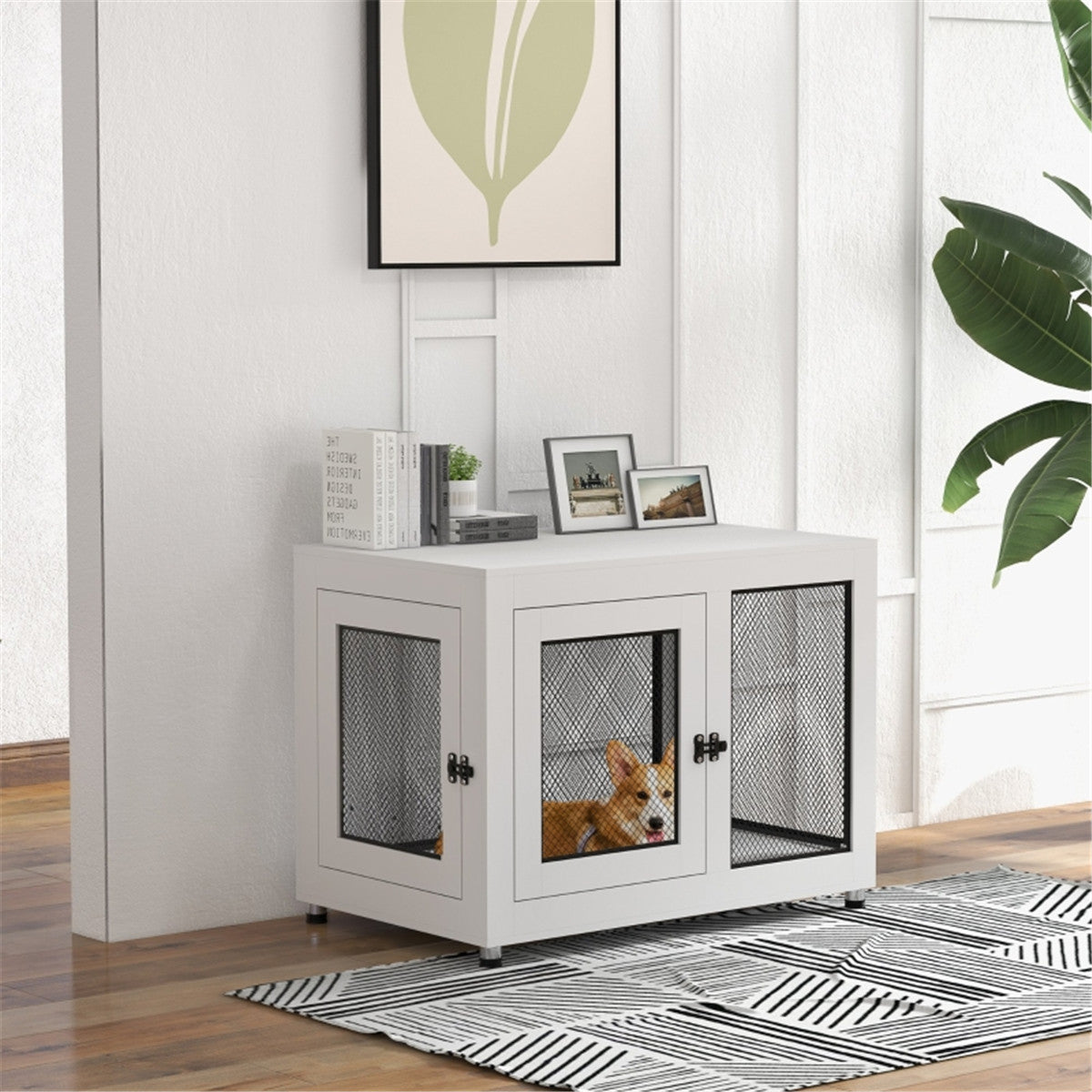 2-in-1 Contemporary Stylish Dog (up to 30kg) Cage & Side Table with Door in White