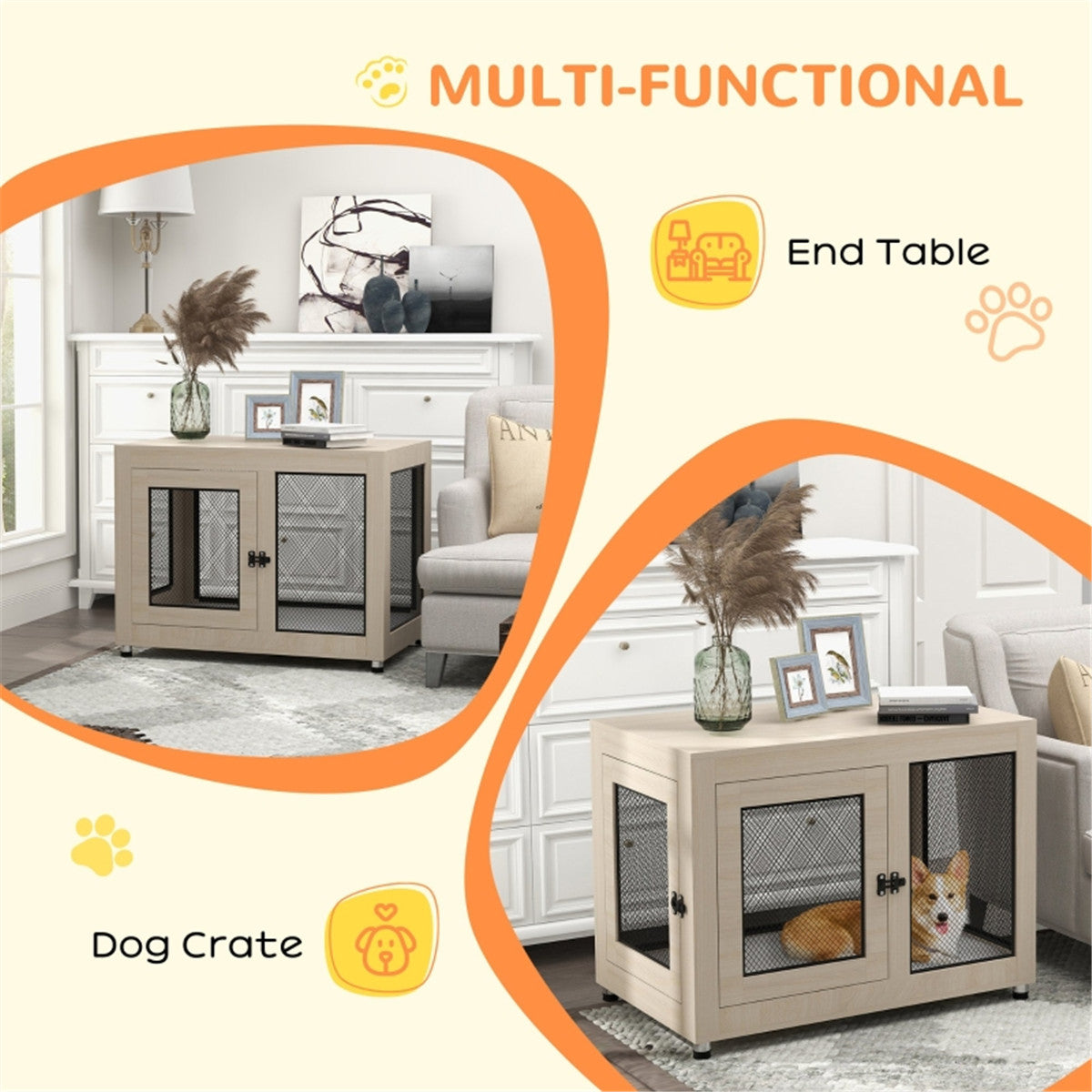 2-in-1 Contemporary Stylish Dog (up to 30kg) Cage & Side Table with Door in Oak Wood Effect