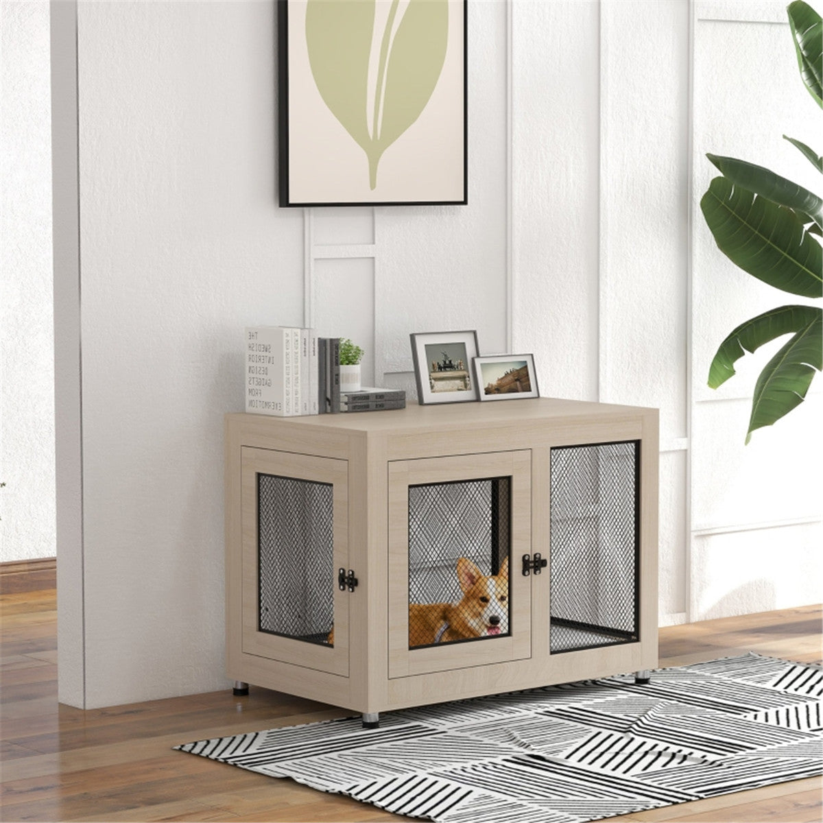 2-in-1 Contemporary Stylish Dog (up to 30kg) Cage & Side Table with Door in Oak Wood Effect