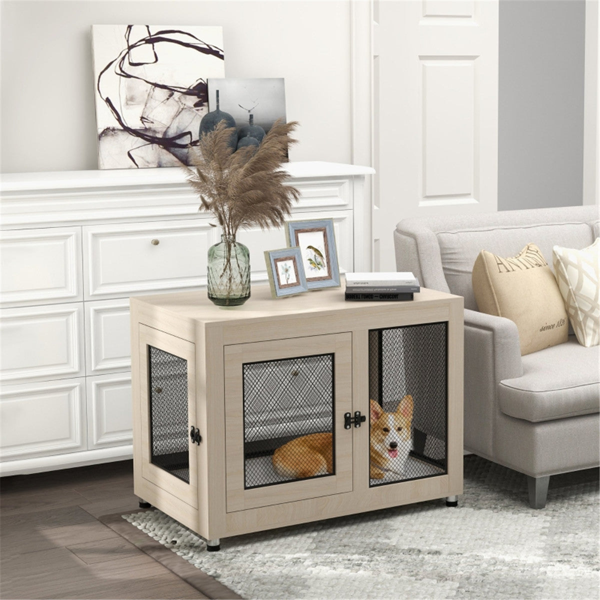 2-in-1 Contemporary Stylish Dog (up to 30kg) Cage & Side Table with Door in Oak Wood Effect