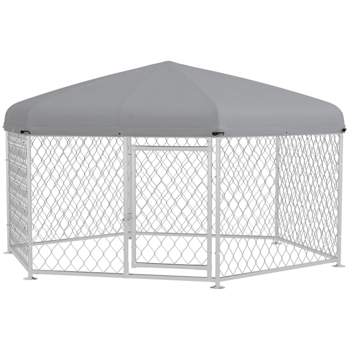 2.6sq m Hexagonal Shaped Galvanised Steel Outdoor Covered Dog Cage in Silver and Grey