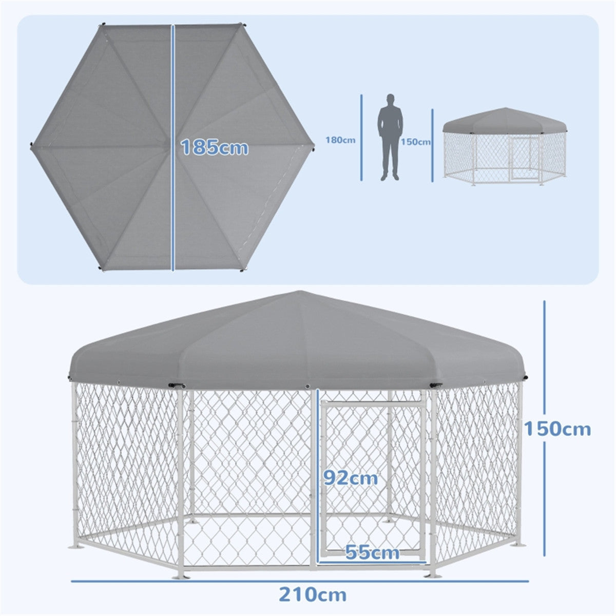 2.6sq m Hexagonal Shaped Galvanised Steel Outdoor Covered Dog Cage in Silver and Grey