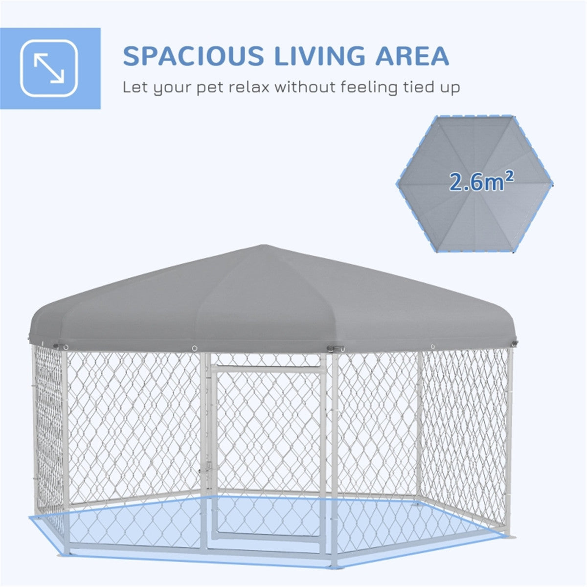 2.6sq m Hexagonal Shaped Galvanised Steel Outdoor Covered Dog Cage in Silver and Grey