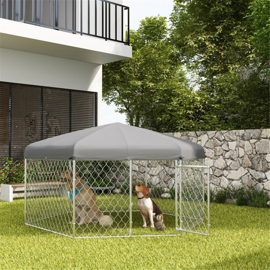 2.6sq m Hexagonal Shaped Galvanised Steel Outdoor Covered Dog Cage in Silver and Grey