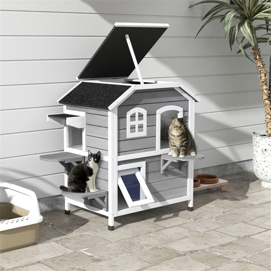 Multi Use Outdoor Waterproof Square Cat House in Grey and White