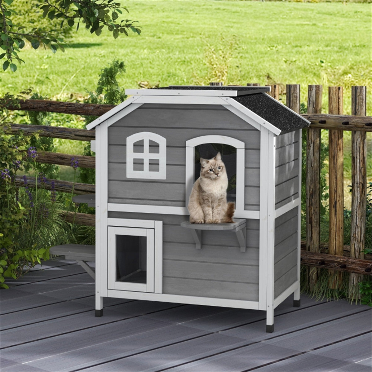 Multi Use Outdoor Waterproof Square Cat House in Grey and White