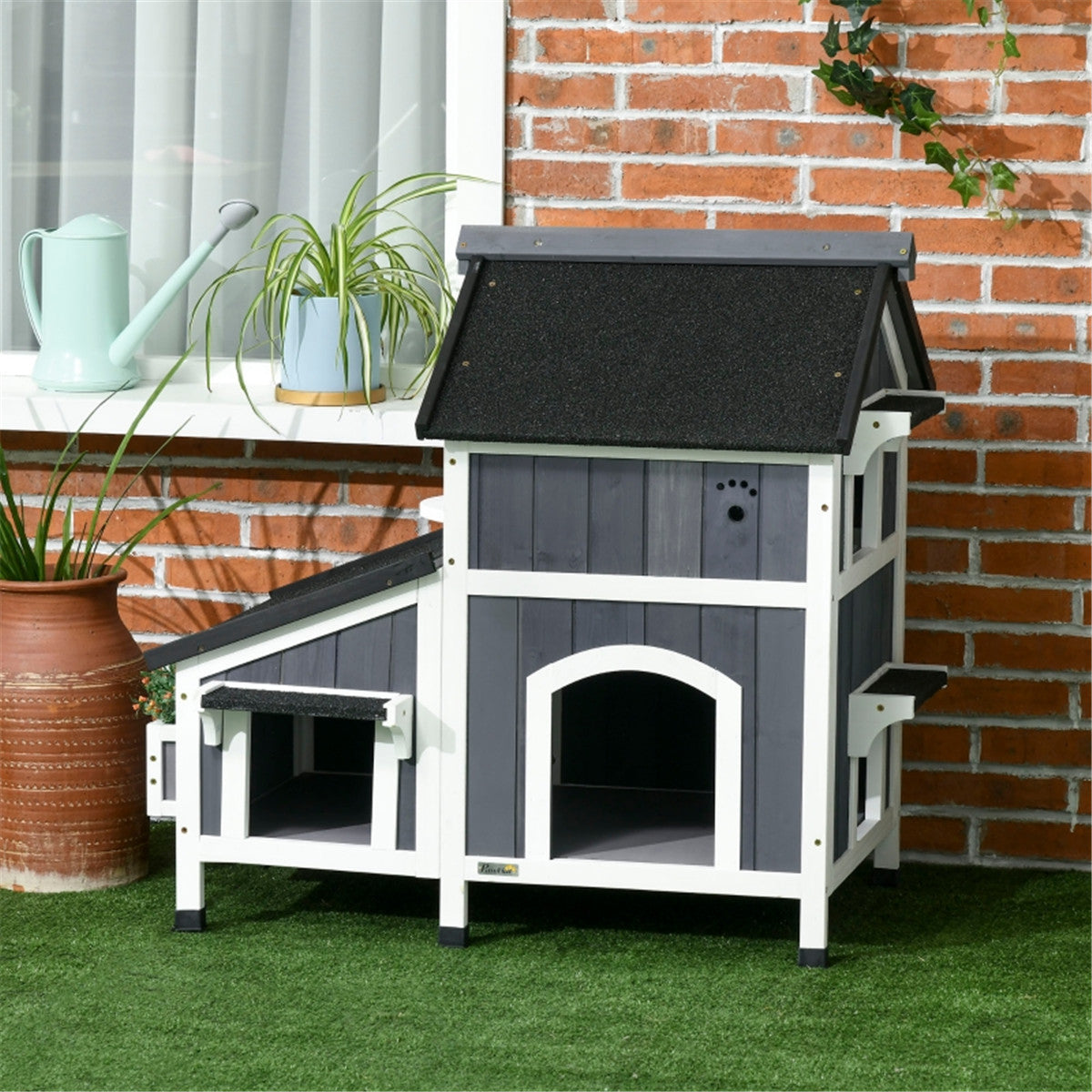 Multi Use Outdoor Waterproof Cat House with Porch in Grey and White