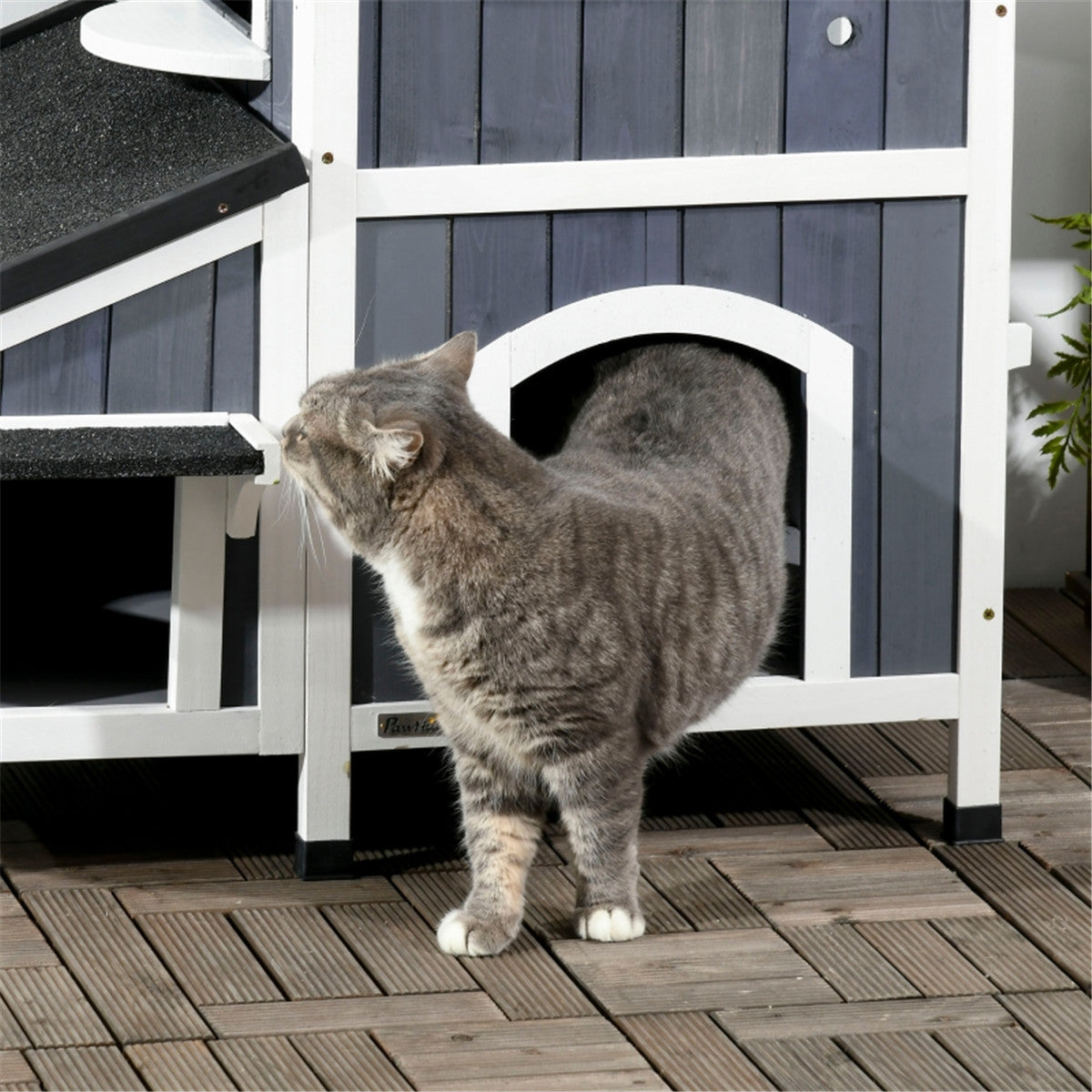 Multi Use Outdoor Waterproof Cat House with Porch in Grey and White