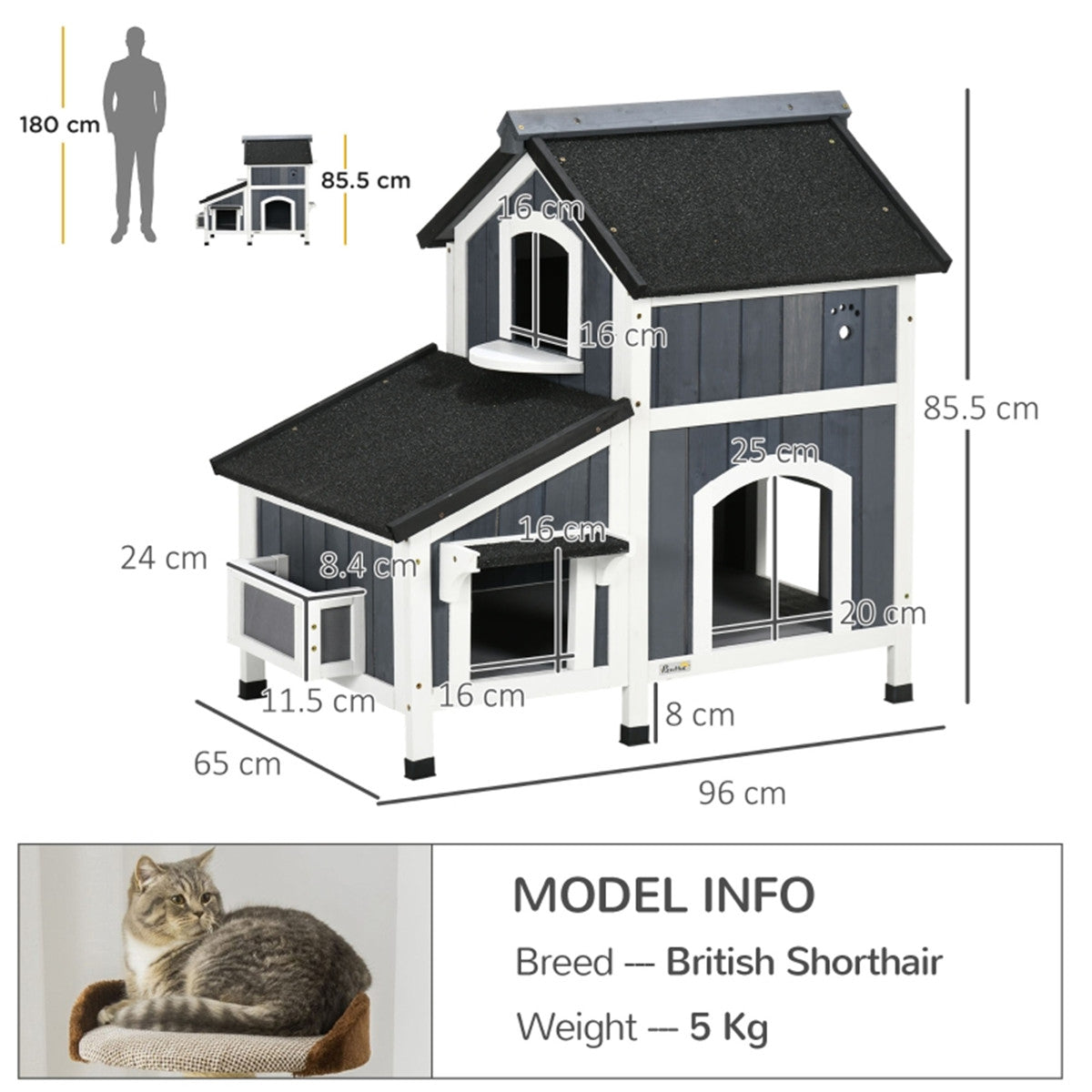 Multi Use Outdoor Waterproof Cat House with Porch in Grey and White