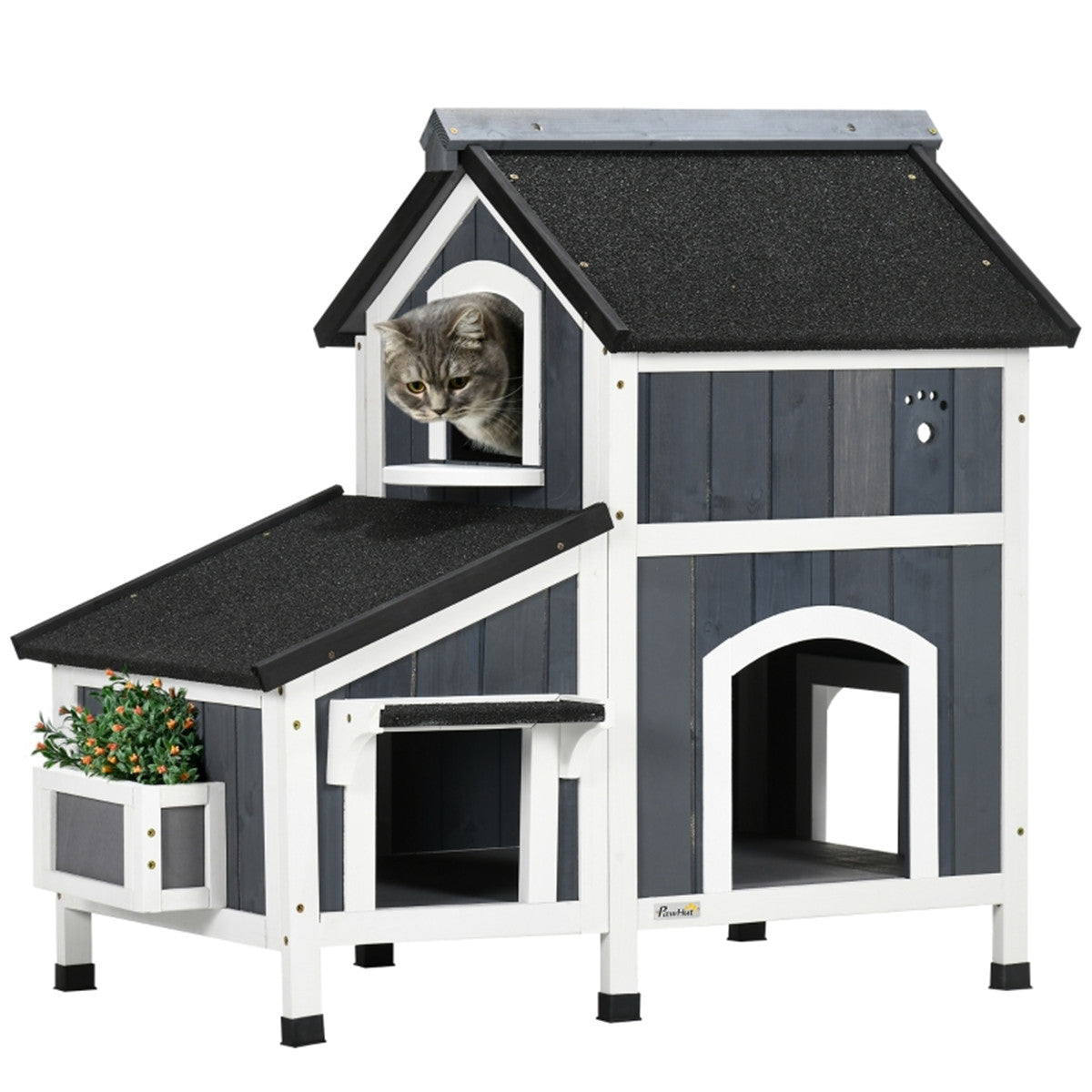 Multi Use Outdoor Waterproof Cat House with Porch in Grey and White