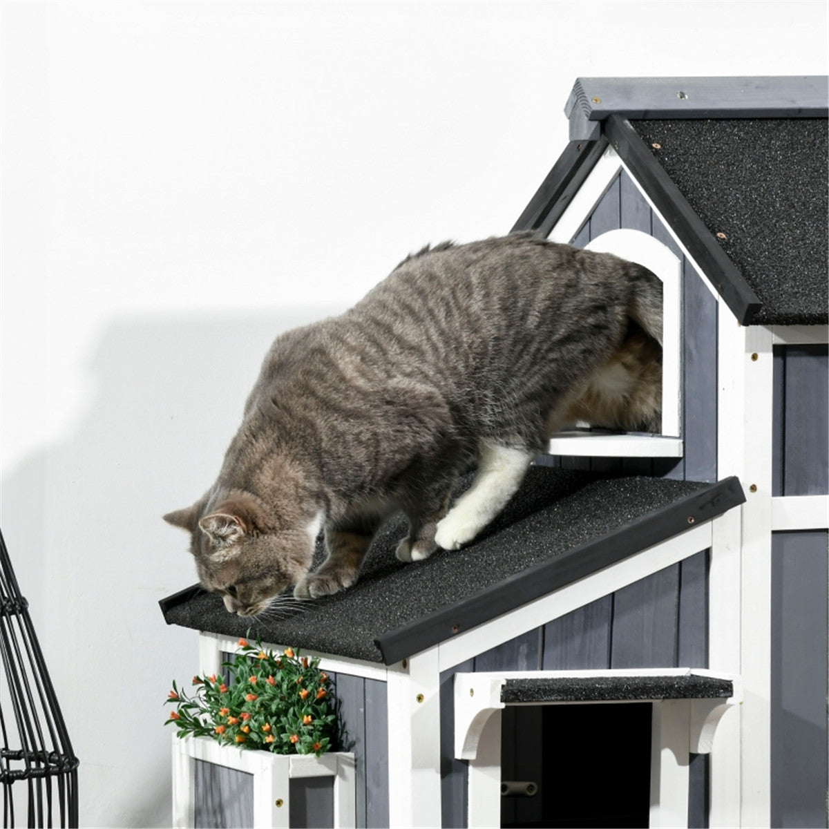 Multi Use Outdoor Waterproof Cat House with Porch in Grey and White