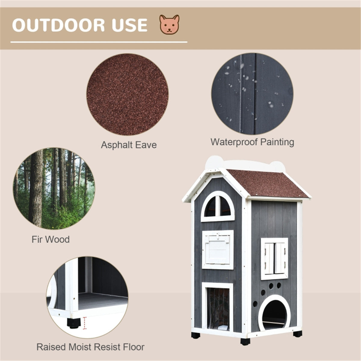 Multi Use Outdoor Waterproof Tall Cat House in Grey and White