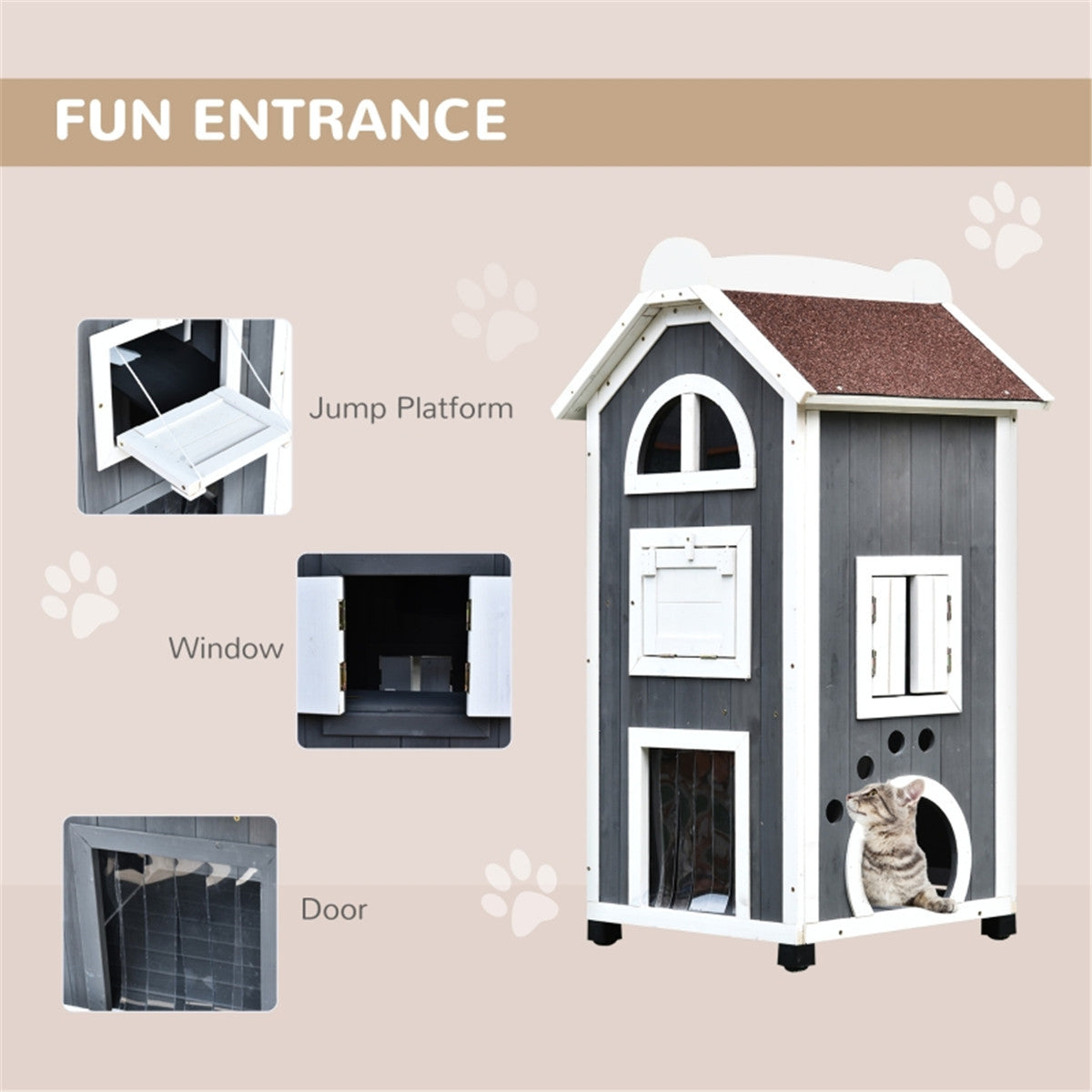 Multi Use Outdoor Waterproof Tall Cat House in Grey and White