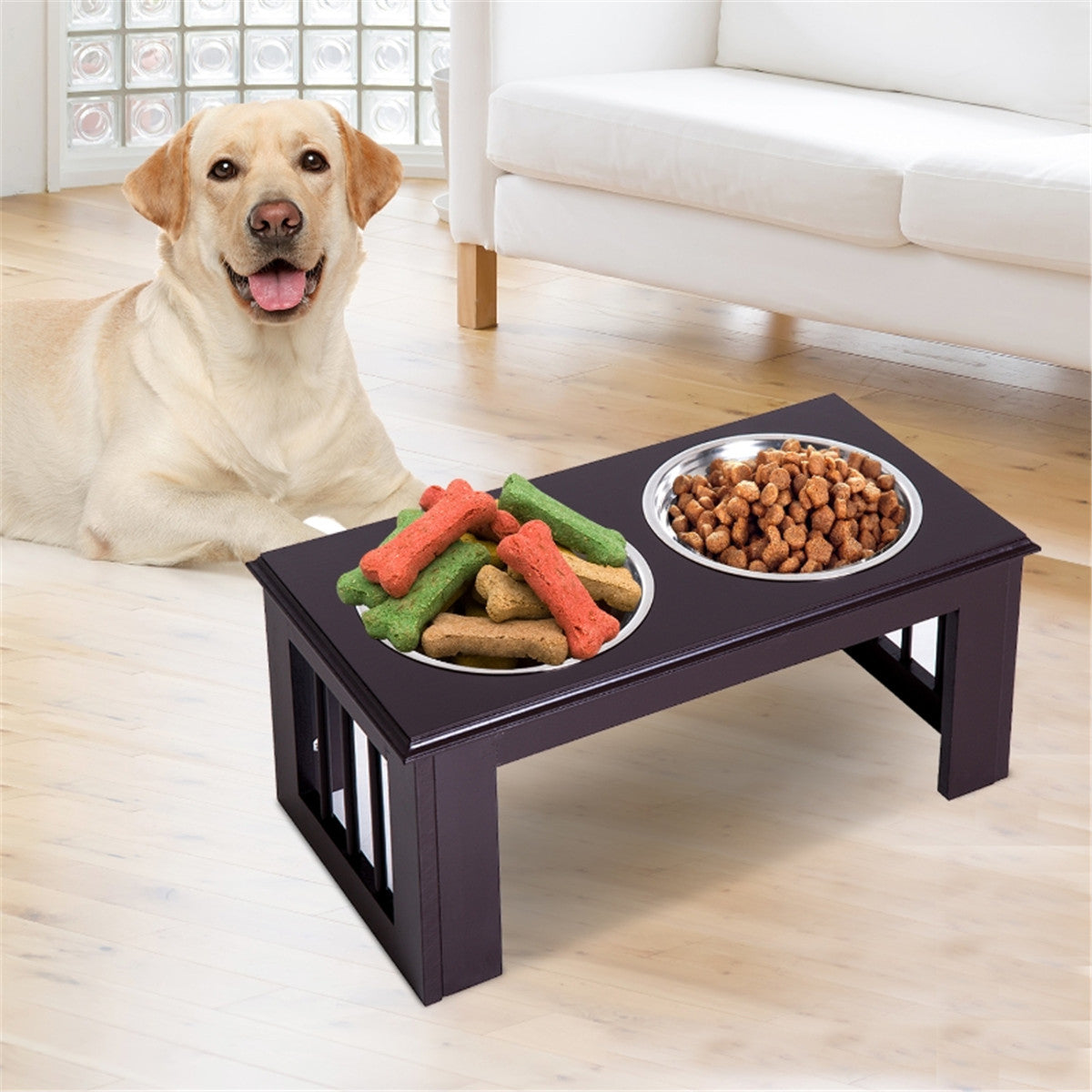 Contemporary Stylish Raised Stainless Steel Dog Bowl Feeder in Brown