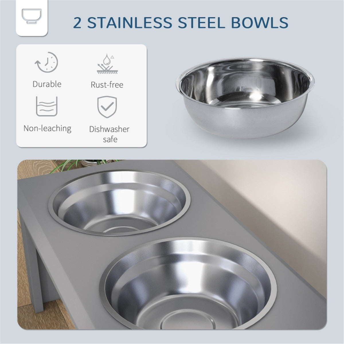 Contemporary Stylish Raised Stainless Steel Dog Bowl Feeder in Grey