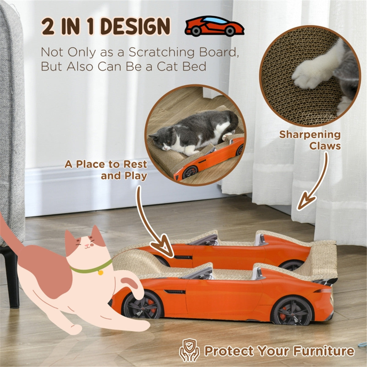 2 in 1 Car Shaped Cat Scratching Board and Bed with Catnip in Orange