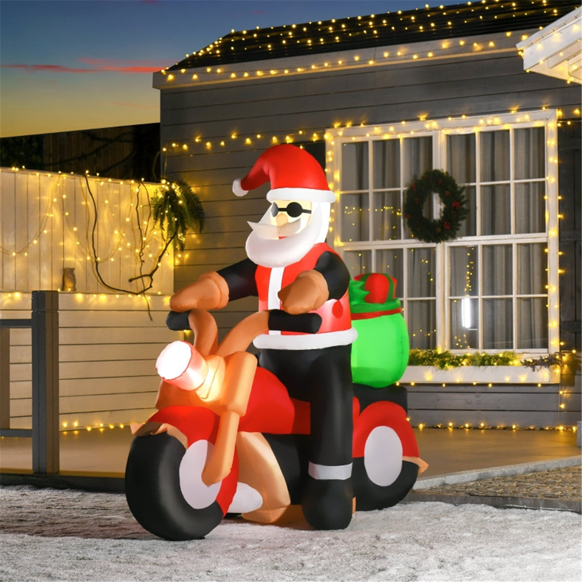 LED Lit Inflatable Christmas Santa on Motorbike