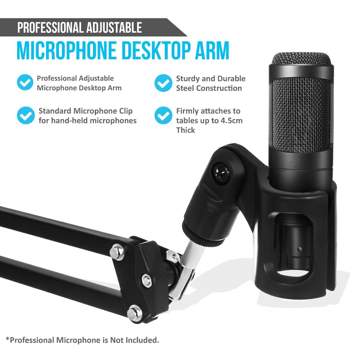 360° Heavy Duty Metal Adjustable Desktop Audio Microphone Support Holder in Black