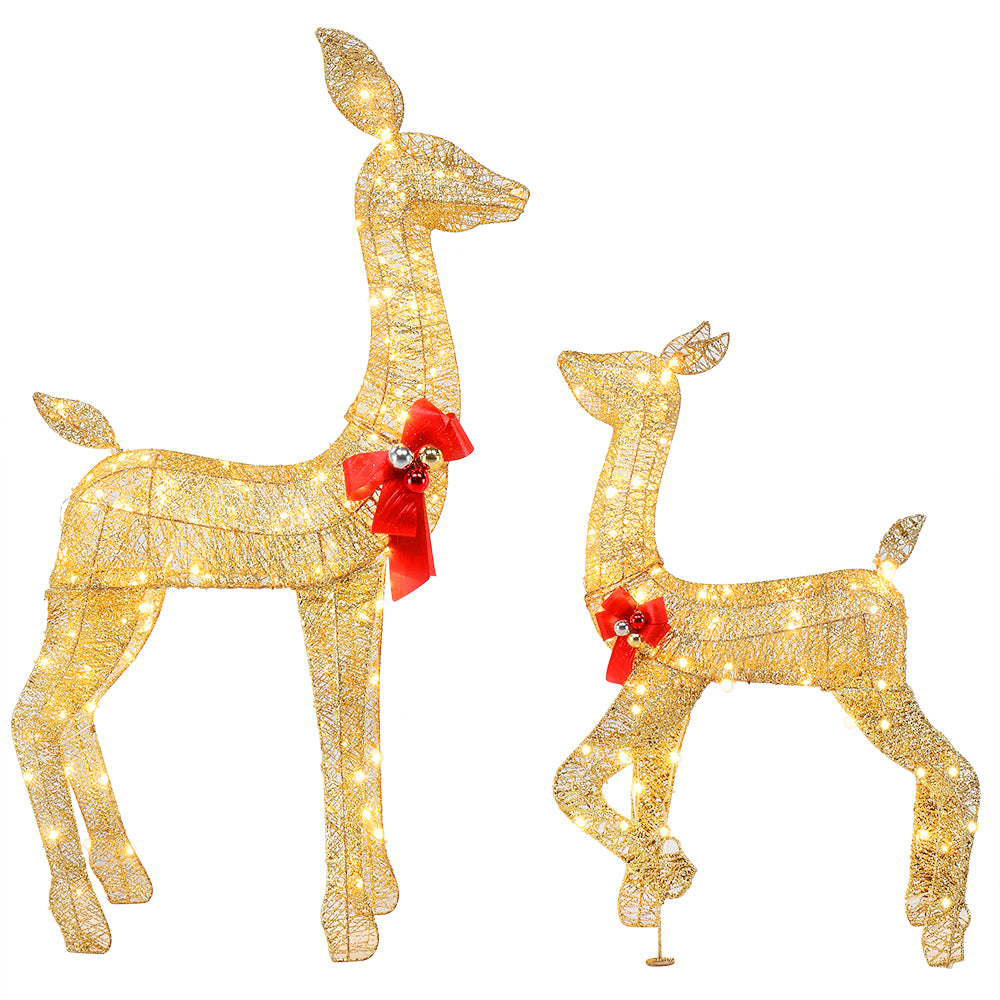 LED Lit Gold Sparkly 2 Piece Christmas Deer Family