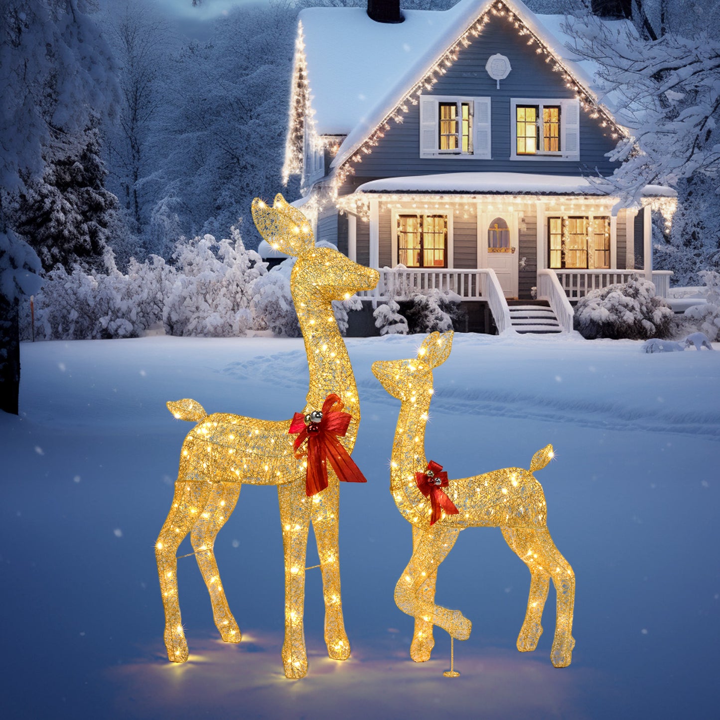 LED Lit Gold Sparkly 2 Piece Christmas Deer Family