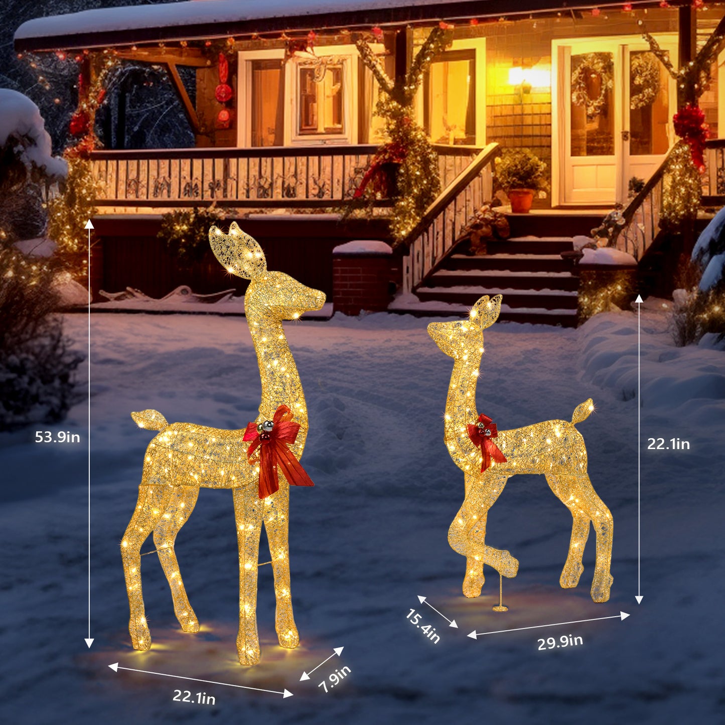 LED Lit Gold Sparkly 2 Piece Christmas Deer Family