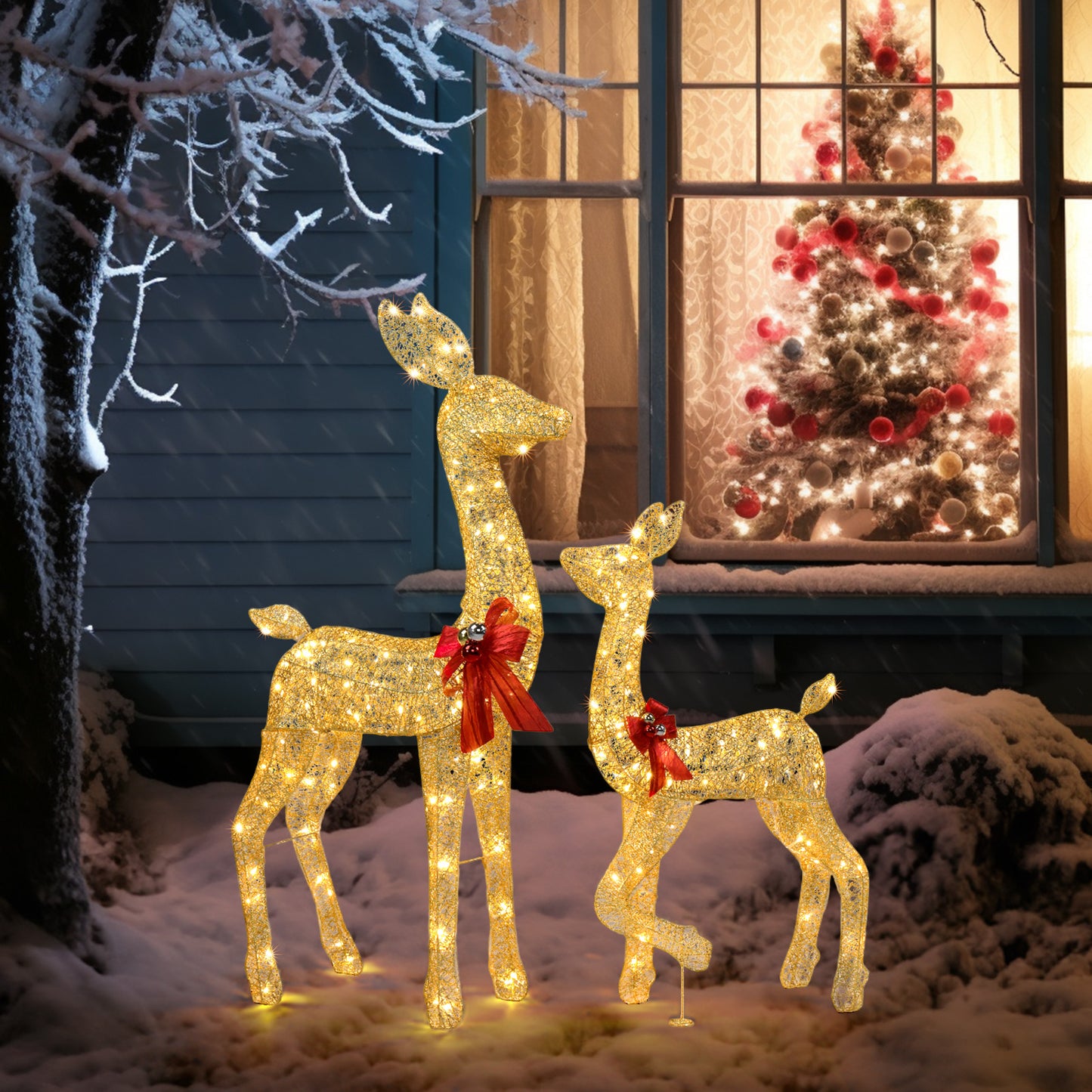 LED Lit Gold Sparkly 2 Piece Christmas Deer Family